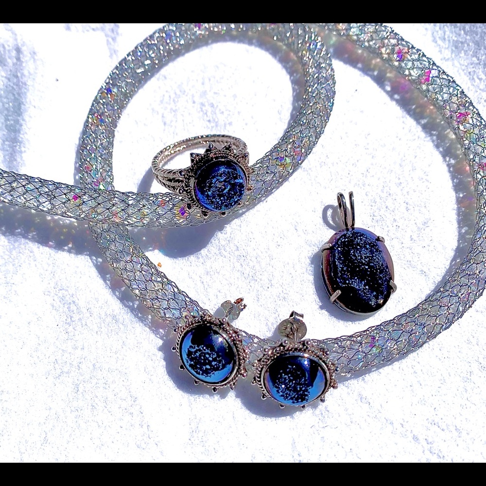 Blue Druzy Set in stamped 925 sterling silver.